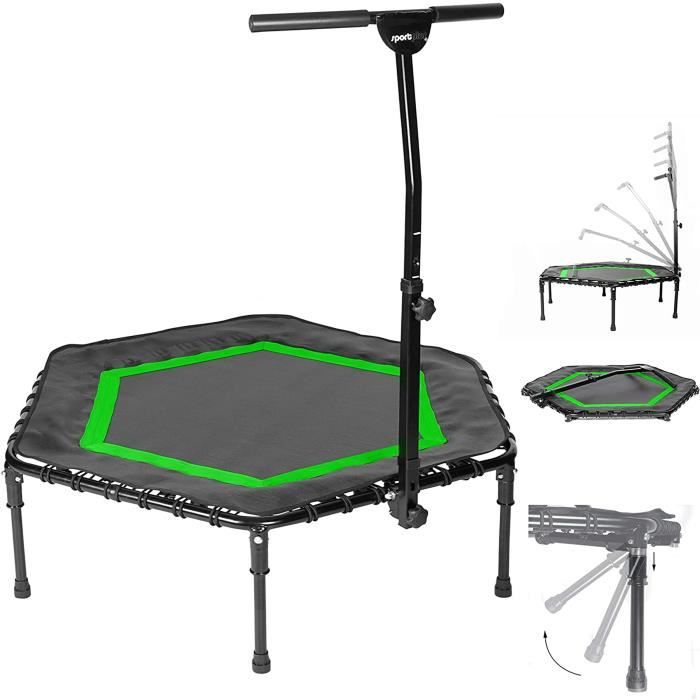 Trampoline de Fitness Pliable - SportPlus - Poignée en forme T réglable en hauteur sur 5 positions, vert, Ø 126 cm