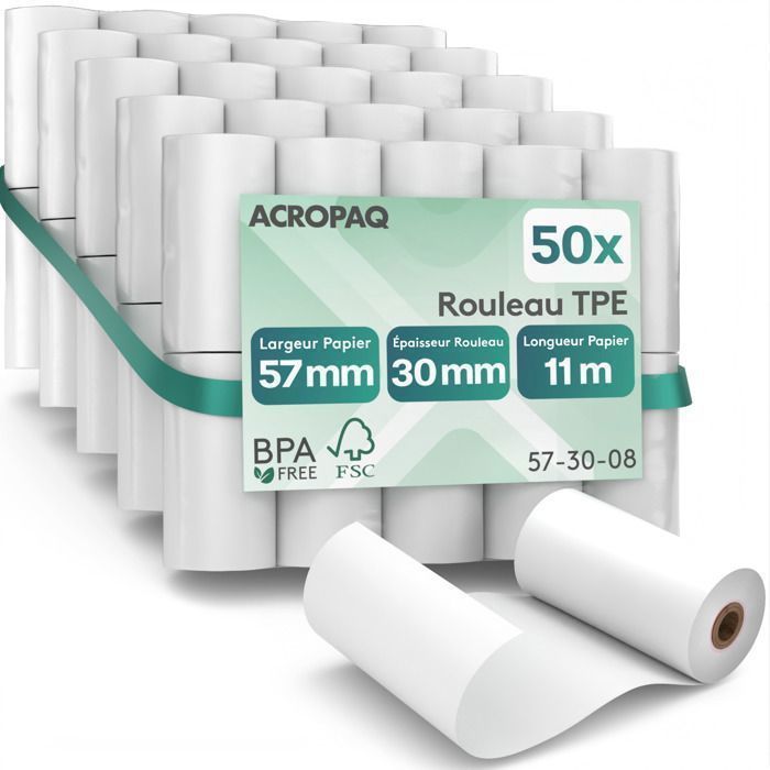 Rouleaux Thermiques TPE 57x30mm 9m - 50 Bobines Sans BPA Pour Caisses Enregistreuses