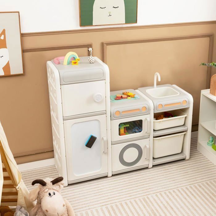 GOPLUS&nbsp;Bibliothèque Enfants-Meuble&nbsp;de&nbsp;Rangement avec&nbsp;Armoires/Bacs/Tableau&nbsp;Blanc&nbsp;Magnétique/Évier&nbsp;Amovible&nbsp;&&nbsp;Robinet&nbsp;Beige