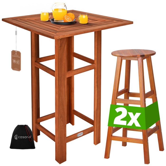 CASARIA® Table haute avec 2 tabourets ensemble de bar en bois d’acacia mange debout intérieur extérieur jardin terrasse