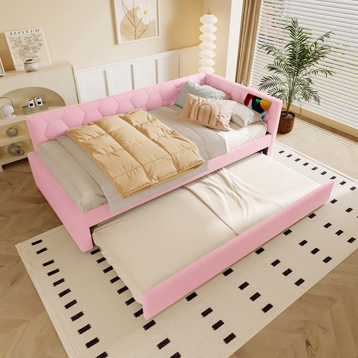 Lit Gigogne 90x200 cm canapé-lit avec sommier à lattes avec lampe de chevet port USB type C Rose Lit Gigogne 90x200 cm canapé-lit avec sommier à lattes avec lampe de chevet port USB type C Rose
