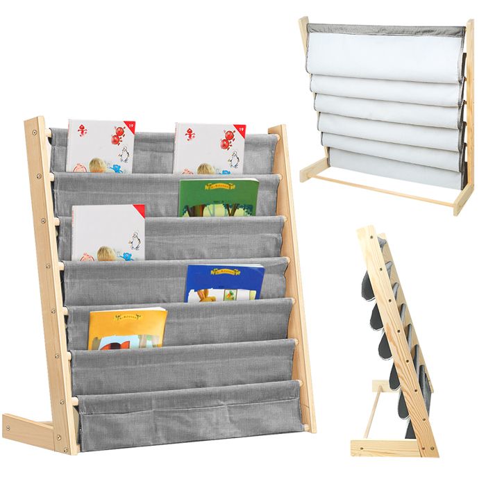 Gris Bibliothèque à 7 niveaux pour enfant Etagère de rangement pour livres avec 7 Compartiments Ouverts et 3 Poches 75x30x76cm