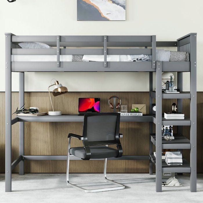 Lit mezzanine - LANGTU - 90x200 - Bois massif - Rangements et bureau - Gris antique