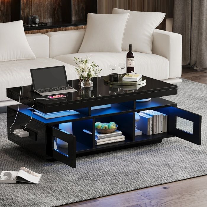 Table basse Salon LED Avec Prise 2 Portes Multiples Compartiments Rangement Canapé Table Moderne 100x50x43cm Noir brillant