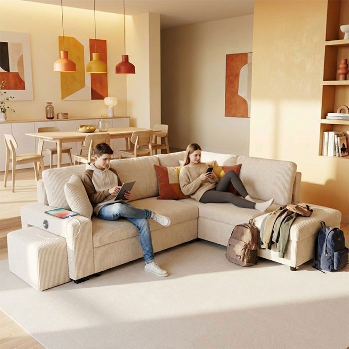 VEGA Canapé dangle reversible convertible Blanc PERLE (velours côtelé ) - Taille L - 5 places - 258 x 157 x 83