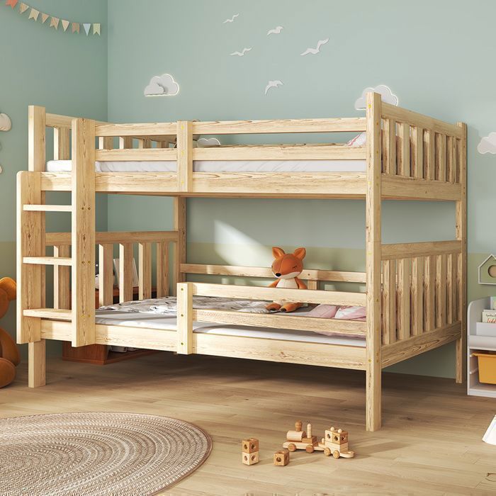 Lit Superposé Enfant 90x190 CM - Lit Superposé 2 places avec Barrières et Échelle - Lit Bois Massif Naturel -Couleur du Bois