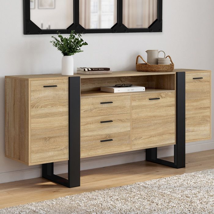 ID MARKET buffet PHOENIX 3 portes et 3 tiroirs 180 cm Loft bois et noir