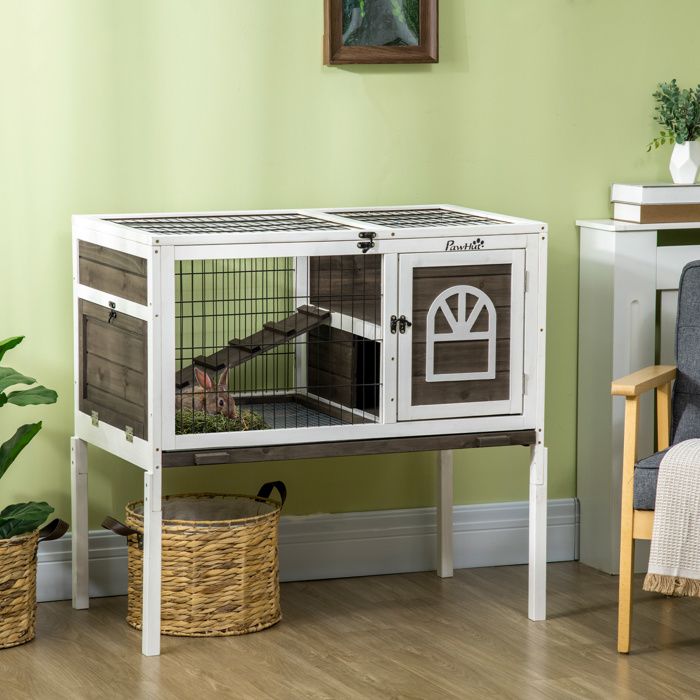 Comparer les prix de Clapier à lapins cage lapin intérieur avec bac amovible 2 portes verrouillables échelle 90 x 53 x 87 cm café