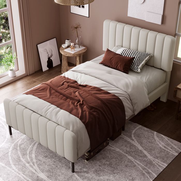 Lit simple rembourré - MERAX - 90x200 cm - Tête de lit réglable - Lin gris beige - Sommier à lattes pin Lit simple rembourré - MERAX - 90x200 cm - Tête de lit réglable - Lin gris beige - Sommier à lattes pin
