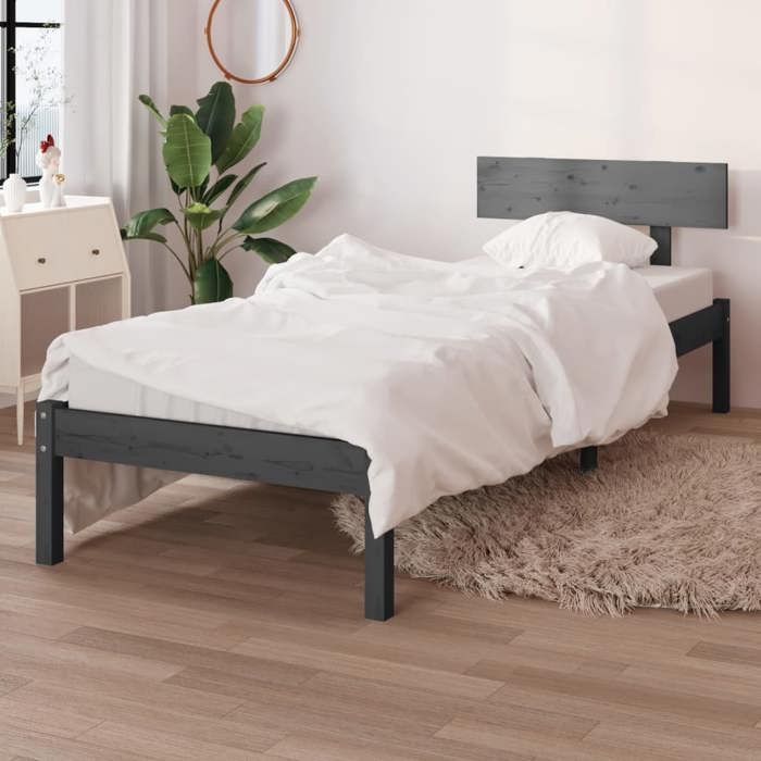 Cadre de lit en bois de pin massif - vidaXL - Gris - 90x190 cm - 1965x955x70 cm - Tête de lit incluse - Lattes solides