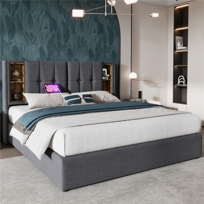 Lit Rembourré 160x200 avec Chargement Sans Fil USB-C Coffre de Rangement Intégré et Sommier à Lattes Gris(sans Matelas) Lit Rembourré 160x200 avec Chargement Sans Fil USB-C Coffre de Rangement Intégré et Sommier à Lattes Gris(sans Matelas)