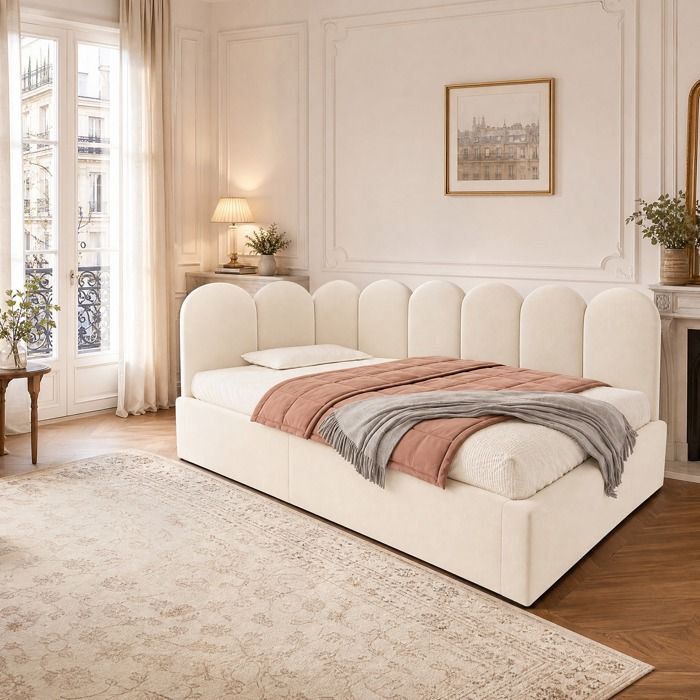 Lit coffre 90x200 cm en velours beige design treillis ludique – cadre en L modulable avec rangement hydraulique
