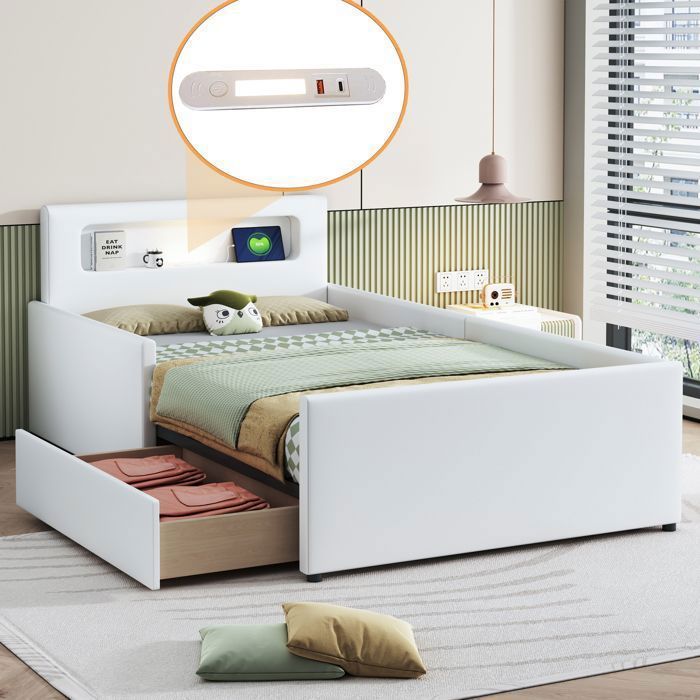 Lit rembourré Lit denfant 90*200 cm Avec veilleuse et prise de charge USB Avec compartiments de rangement Éléments latéraux suré