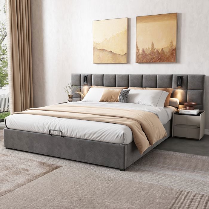 Lit coffre rembourré tête large capitonnée design moderne et élégant EVRYAE 160x200 cm velours gris