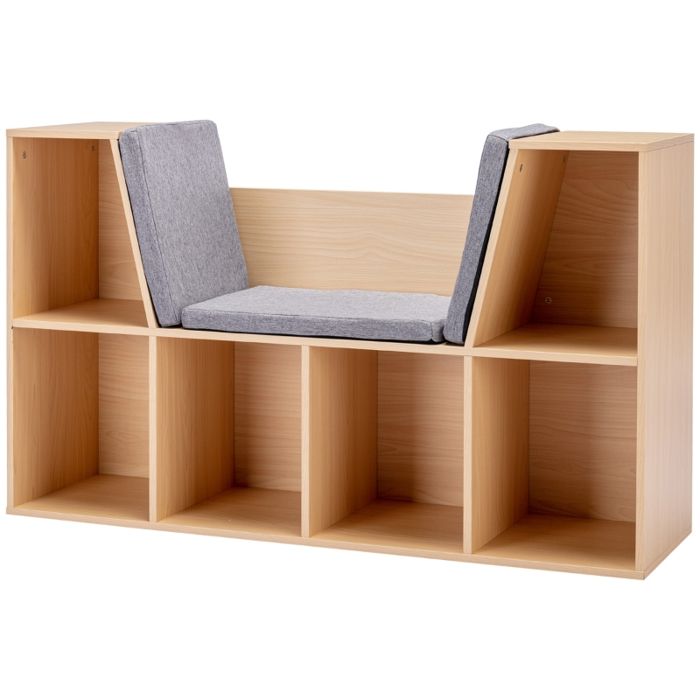 Étagère bibliothèque pour enfants - 103x30x62 cm - Gris - Bois MDF - 6 compartiments - 3 coussins - Coffre à jouets