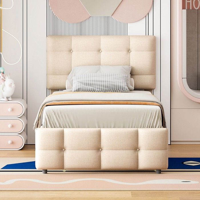 Lit Gigogne Enfant 90x200cm avec Tête Réglable - Rembourrage Lin Doux Beige - Sommier Plat Adolescent Appoint - Sans Matelas Lit Gigogne Enfant 90x200cm avec Tête Réglable - Rembourrage Lin Doux Beige - Sommier Plat Adolescent Appoint - Sans Matelas