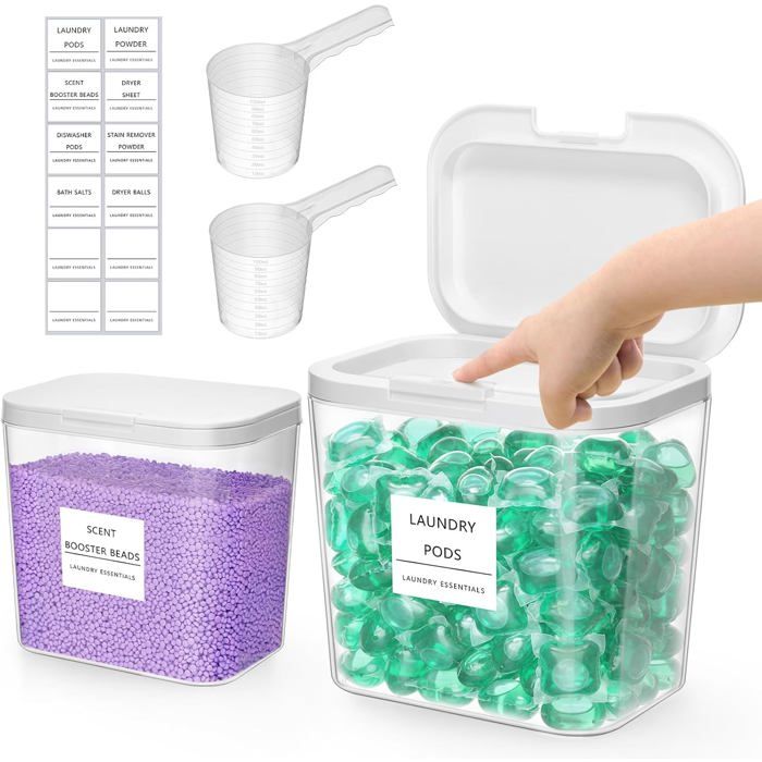 Rangement Lessive Liquide en Capsules avec étiquettesRécipient pour Poudre à Lessive avec Couvercle à Pression2.7L+4.5L2 Pièces