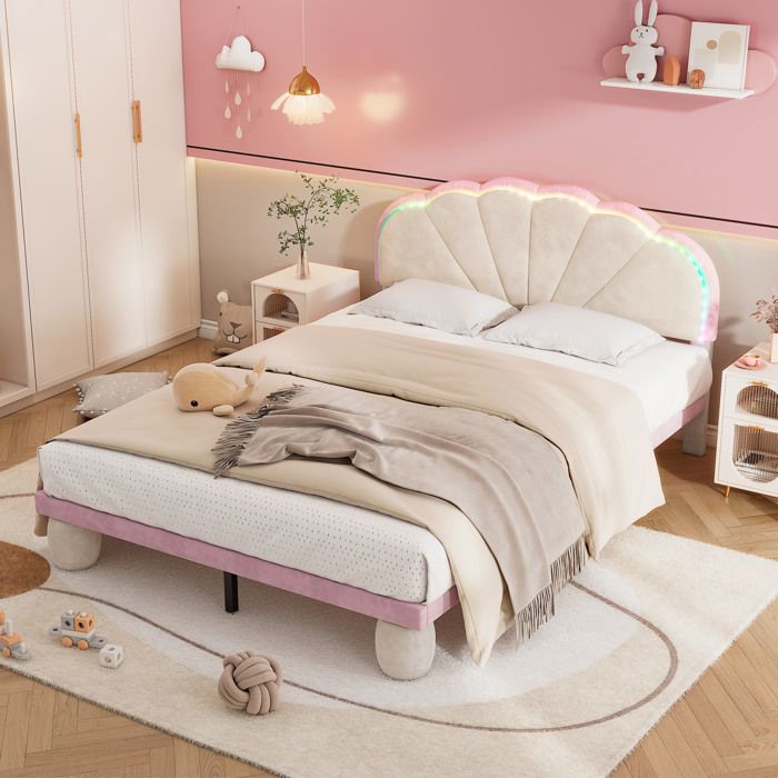 Lit double beige et rose 140×200 cm sommier inclus tête de lit ondulée lumineuse montage nécessaire