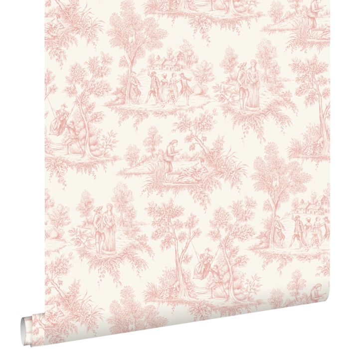 Papier peint toile de jouy rose clair - 50 x 900 cm - ESTAhome