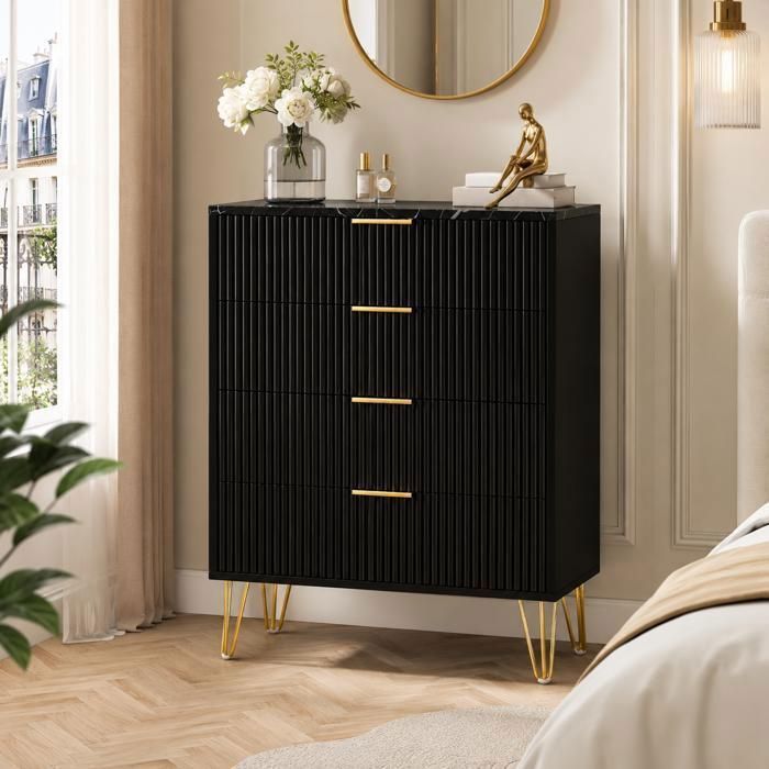 Commode 4 Tiroirs - AKABER - 95x60x34cm - Avec 4 pieds et poignées en métal - Conception en bois massif - Pour SalonChambre - Noir