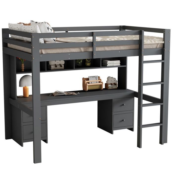 Lit Mezzanine Enfant-Superposé 90x200cm-Avec Bureau-Grands Rangements-Rampe Sécurité-Escalier Stable-Gris-Sans Matelas