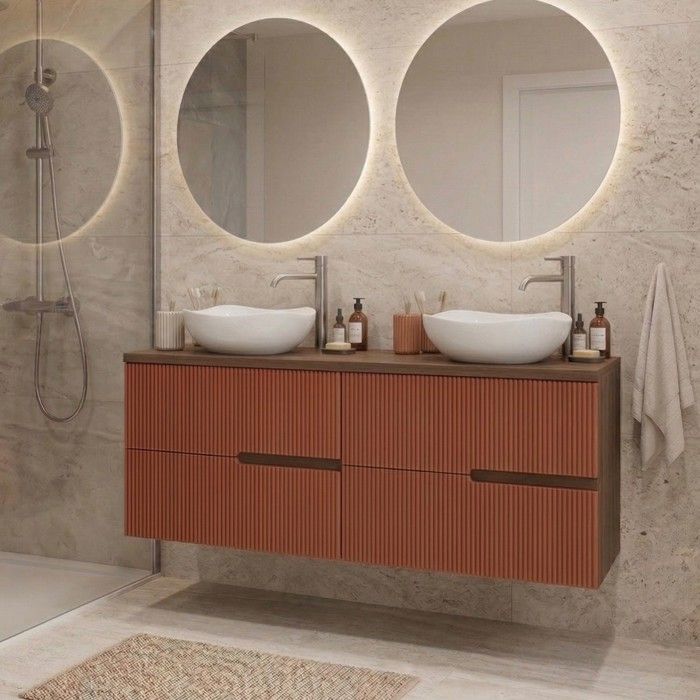 Meuble double vasque à poser L. 120 cm Chêne Moka 4 tiroirs Brique cannelé EVA - sans colonne Meuble double vasque à poser L. 120 cm Chêne Moka 4 tiroirs Brique cannelé EVA - sans colonne