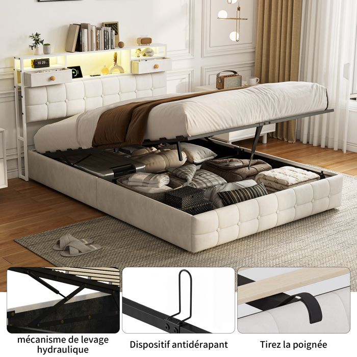 Lit coffre 2 places - TANANT - 160 x 200 cm - Velours blanc - LED + port USB - Sommier à lattes avec coffre