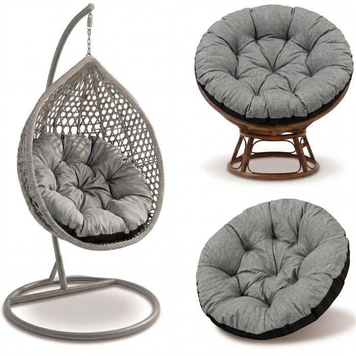Coussin Papasan 110 cm Gris Lin Écologique – Coussin Rond pour Fauteuil Rotin et Suspendu