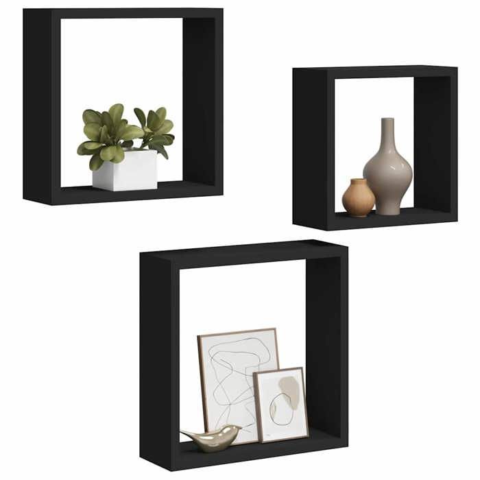 MEUBLE DE SEJOUR Noir - MODE étagères murales - sous forme de cube 3 pcs - Noir MDF Nettoyer facile_09_1276