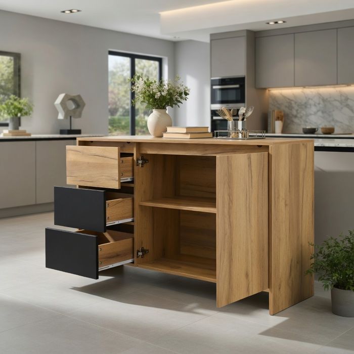Armoire buffet cuisine 3 tiroirs 2 portes éclairage LED multicolore salon salle à manger 120x76x40 cm -Pugsdrlybois noir