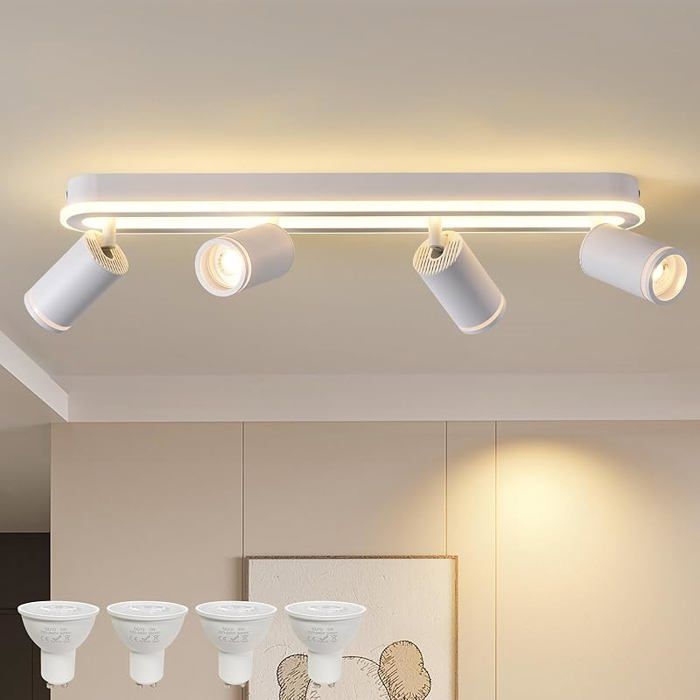 Plafonnier à LED 4 Flammes Orientable 350° Applique Plafond avec Incandescence Inférieure 36W+4x5W GU10 3000K 4 Spots Blanc LUSTRE