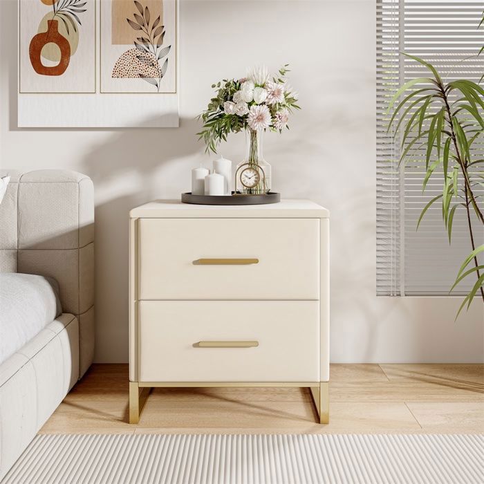 Table de Chevet en Velours avec 2 Tiroirs - Table de Nuit Matelassée Confort - Lot de 2 - Pieds Métal Doré - Beige