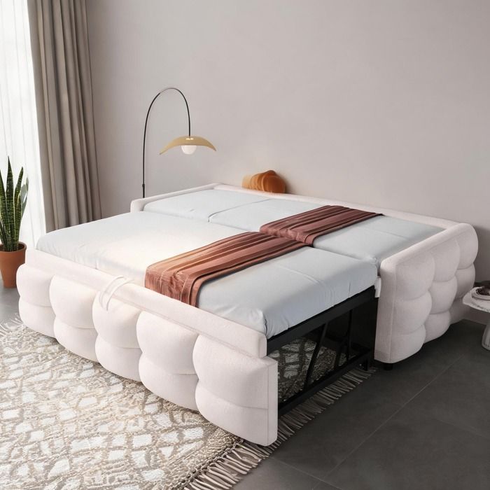 Sommier tapissier Teddy beige ton sur ton extensible 90/180x190 cm avec cadre à lattes