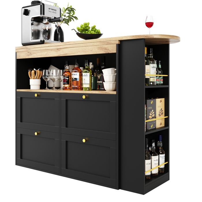Meuble bar pivotant 360° – MDF noir – 4 tiroirs et rangements ouverts – aspect bois