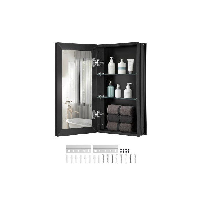 Armoire Pharmacie 355x610 mm Rangement Salle de Bain Miroir Alu 2 Étagères Réglables Encastrée