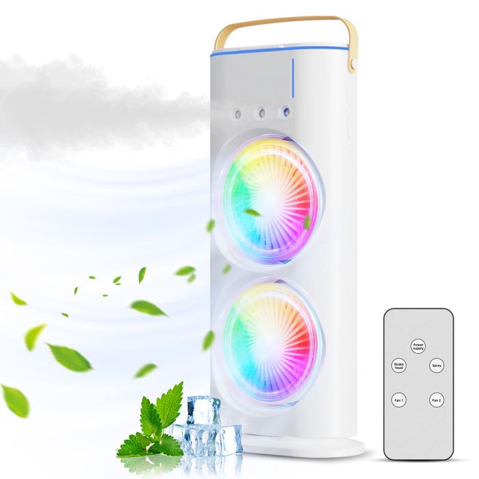 Ventilateur tour double tête – Brumisation nano & lumière RGB télécommande 180° réglable – pour maison bureau camping – Blanc