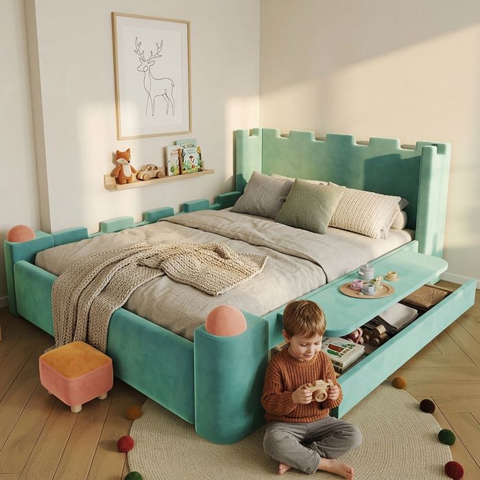 Lit enfant rembourré - Design château ludique - Tablette latérale rabattable - Grand tiroir de rangement