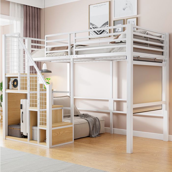 Lit mezzanine 90 x 200 cm 1 place blanc avec escalier de rangement structure métal et MDF pour enfant adolescent