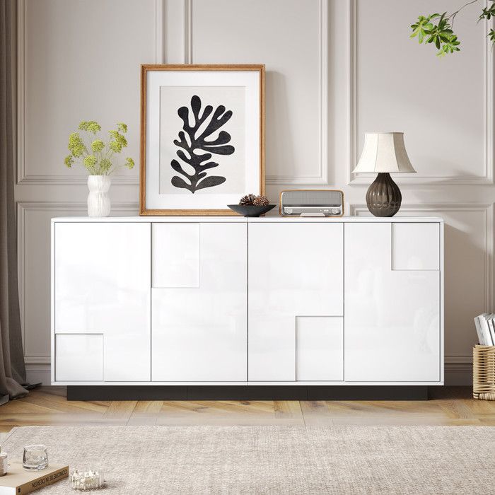 Buffet de Salon Armoire Haute Brillance Forme géométrique Meuble Moderne avec 4 Portes Grand Espace de Rangement 160x37x75.5cm Blanc
