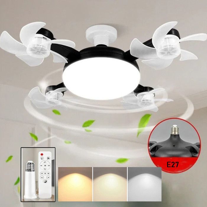 LED Ventilateur Plafond avec Lumiere 4 Fan têtes Lampe Ventilateur Plafonnier Télécommande Tige d’extension 3 Vitesses Noir