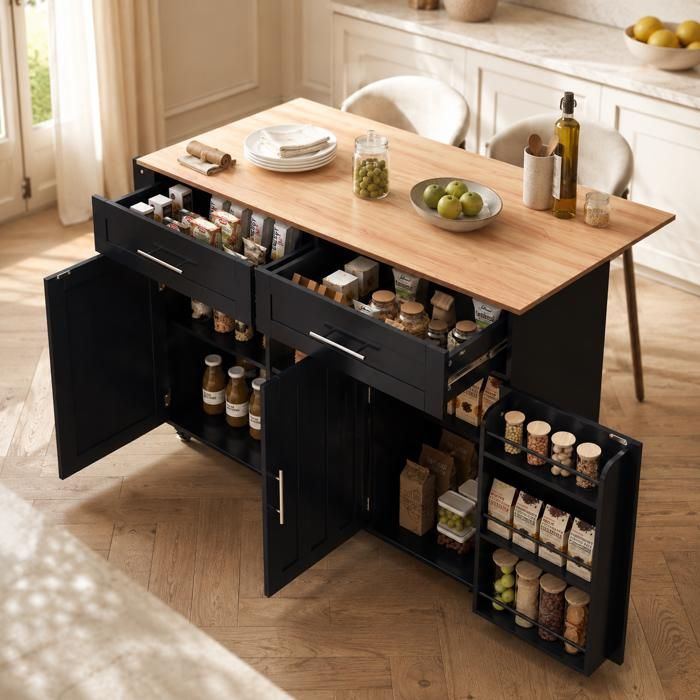Desserte de cuisine pliante noire 129x46/71x915 cm avec plateau en bois massif portes roulettes