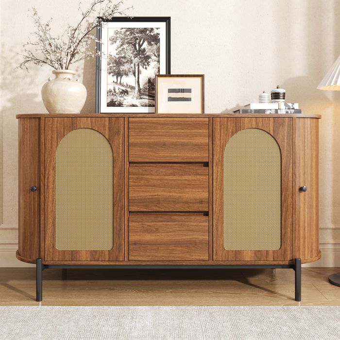 Buffet de Salon Effet Noyer 140x38x775 cm LEMLIT Bahut Rotin avec Portes Coulissantes 3 Tiroirs Étagères Réglables - Noyer