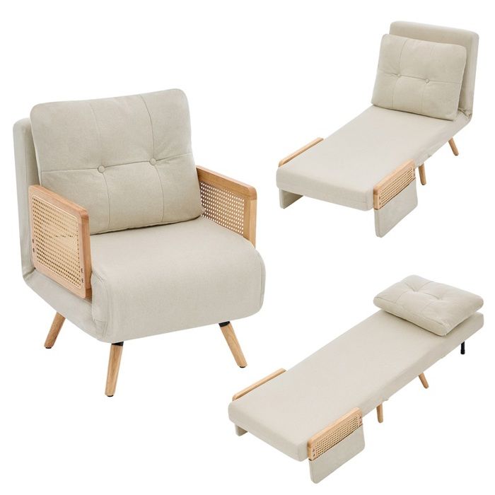 Fauteuil-lit convertible beige 3-en-1 : relax couchette et siège avec dossier 5 positions et accoudoirs tressés en rotin Fauteuil-lit convertible beige 3-en-1 : relax couchette et siège avec dossier 5 positions et accoudoirs tressés en rotin