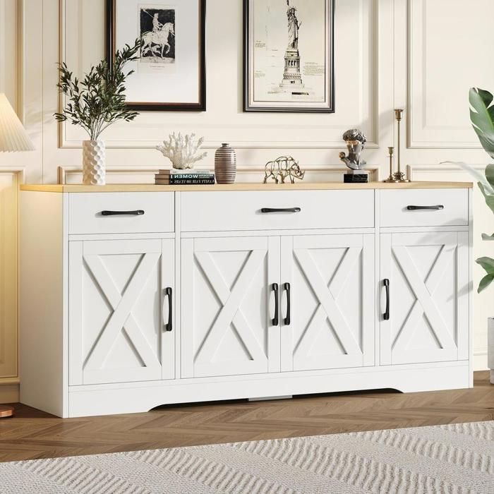Buffet - KOMHTOM - X - 3 tiroirs 4 portes - MDF/panneaux de particules - Style industriel 160×37×75 cm blanc Buffet - KOMHTOM - X - 3 tiroirs 4 portes - MDF/panneaux de particules - Style industriel 160×37×75 cm blanc