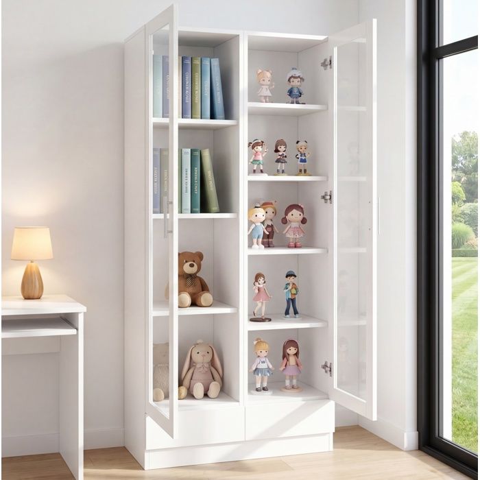 Armoire de Bureau Vitrée avec 2 Portes 2 Tiroirs et Étagères Anti-basculement en MDF et Verre 80×40×160 cm