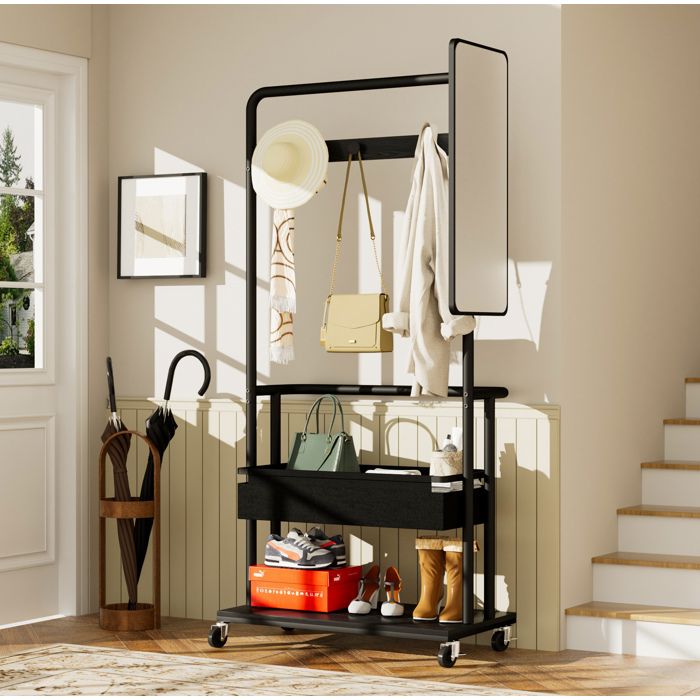 Portant a vetements mobile 70 x 40 x 170 cm noir – 3-en-1 avec miroir lateral