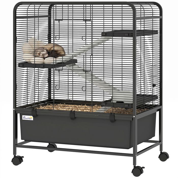 Cage pour rongeurs à roulettes 4 niveaux 3 plateformes et 3 rampes bac profond amovible pour intérieur