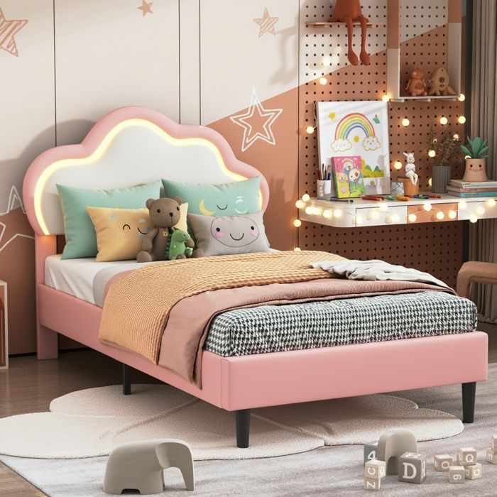 Lit pour Enfant rembourré 90x200 cm Lit Princesse Nuage avec LED Lit Simple avec tête de lit réglable sommier à Lattes Lits Rose