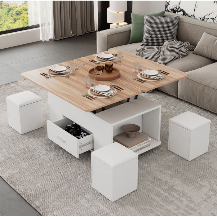 Table basse relevable extensible 100 x 50 x 45 cm avec rangement 4 tabourets roulettes blanc bois VEVXYN