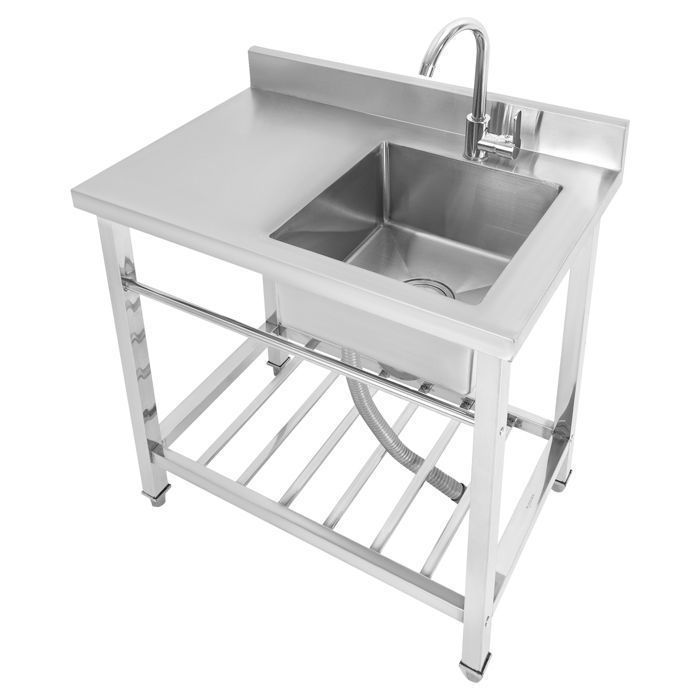 Evier Exterieur De Jardin Evier Cuisine Inox Sur Pied avec Robinet Et étagères De Rangement Eviers De Commercial(Évier Droit)